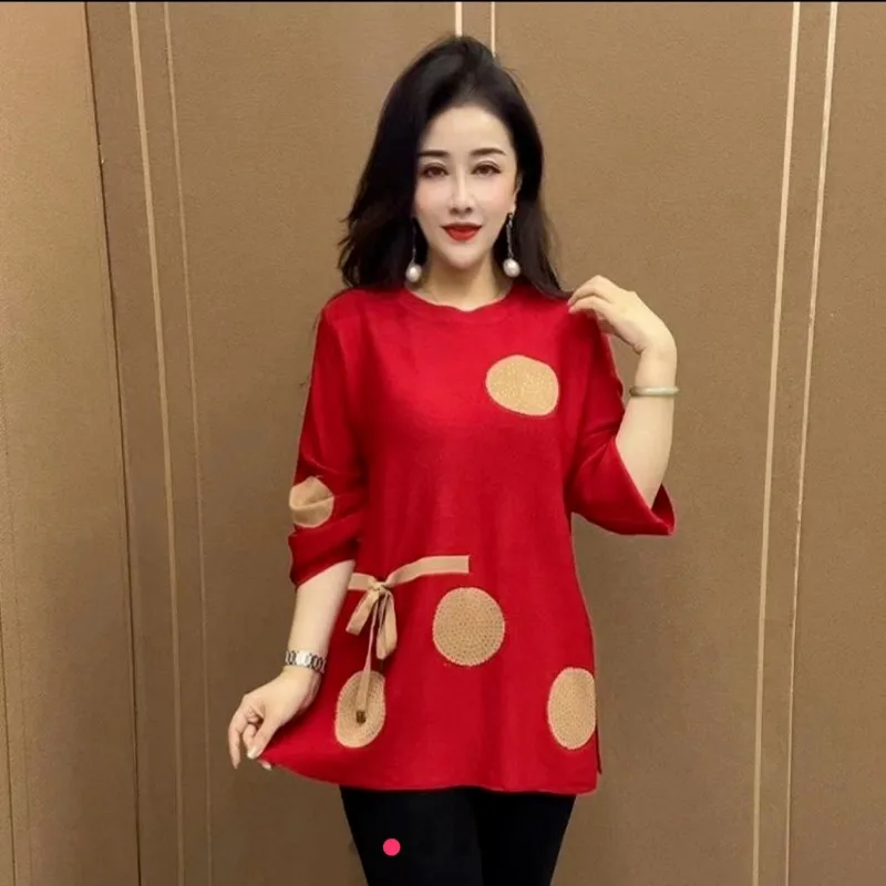 Women Autumn Fashion Polka Dots Print Lace-up Elegant Knitted Sweater Ladies O Neck Long Sleeve Loose Pullover Tops Tunic Jumper