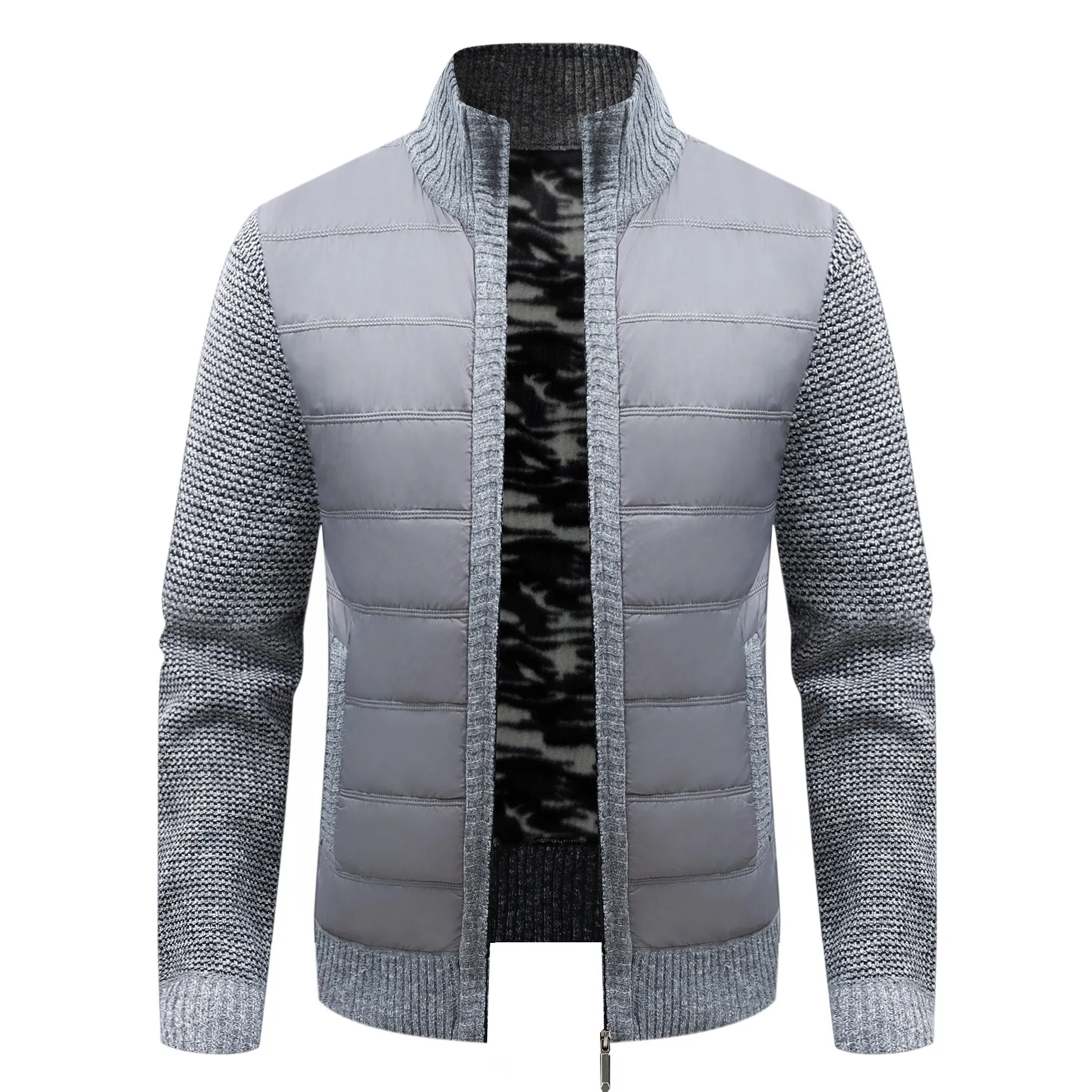 Long Sleeve Stand Collar Coat Slim Fit Minimalist Men Jacket with Open Front Autumn Winter Ribbed Hem Wrinkle Treatment Sweater