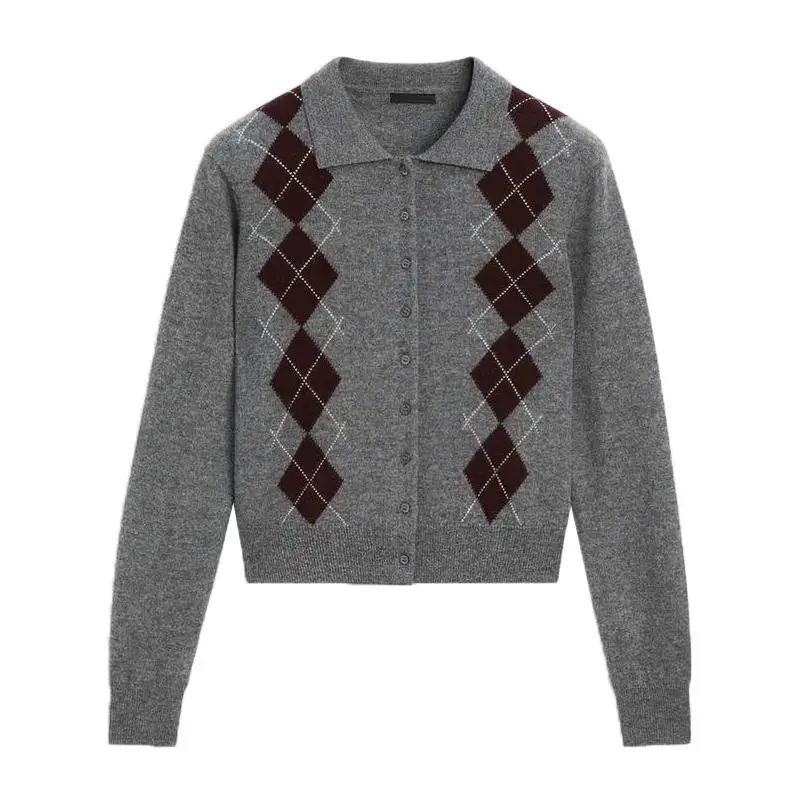 

Spring New Women's Knitted ort Sve Long Knitwear Diamond Pattern Briti College Sle Collar Buttoned Polyester Fiber