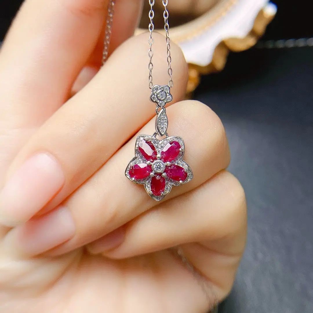 Fine Jewelry ZECAA Woman Ruby Pendant With Natural Ruby Gemstone 3*5mm Silver Ruby Pendant Jewelry For Wedding Party Best Gift