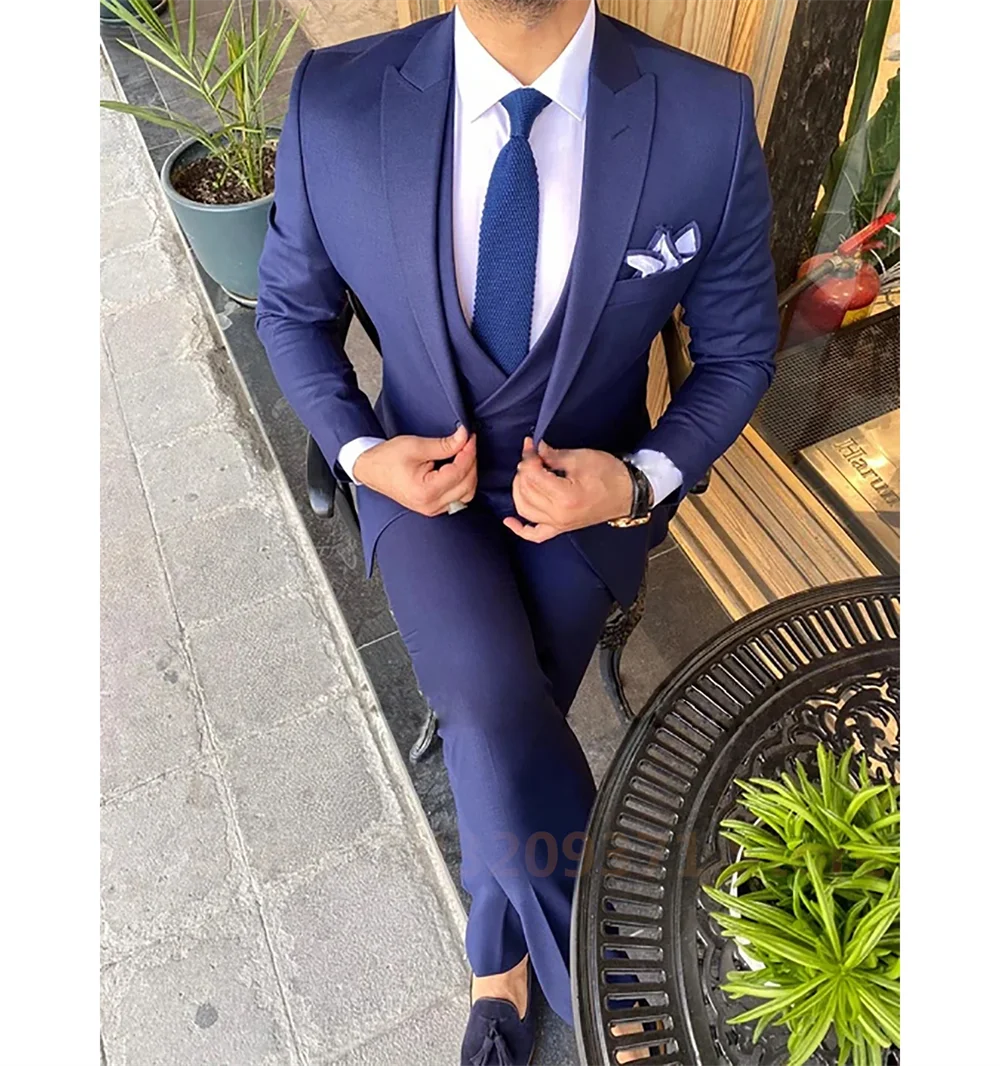 Navy Blue 2024 Men Suits Slim Fit 3 Pieces Best Men Wear Wedding Business Groom Tuxedos Blazer+Vest+Pants Costume Homme