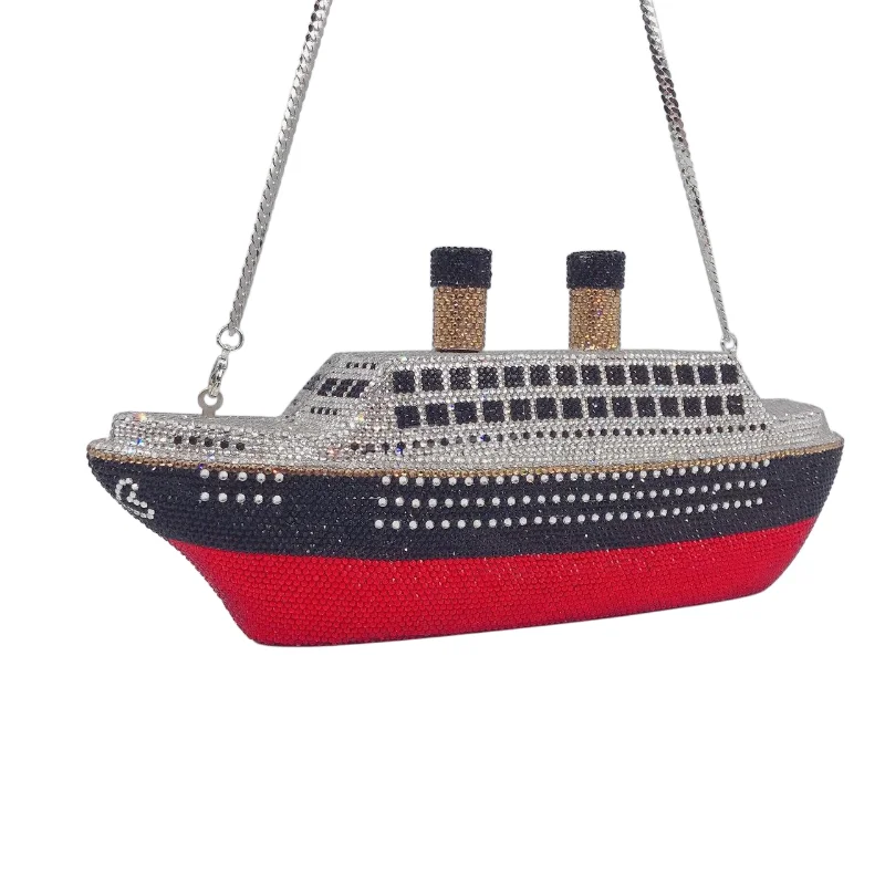 

Cruise Ship - Shaped Diamond - Encrusted Dinner Bag, A Ship - Themed Full Diamond Crystal Bag. Personalized Banquet Clutch Women
