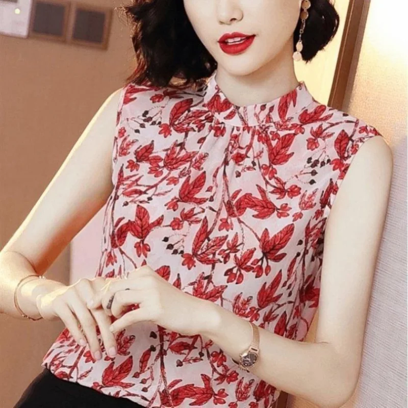 2024 New Summer Korean Commuting Minimalist Fashion Slim Fit Blouses Sleeveless Standing Neck Printed Button Women\'s Shirt Top