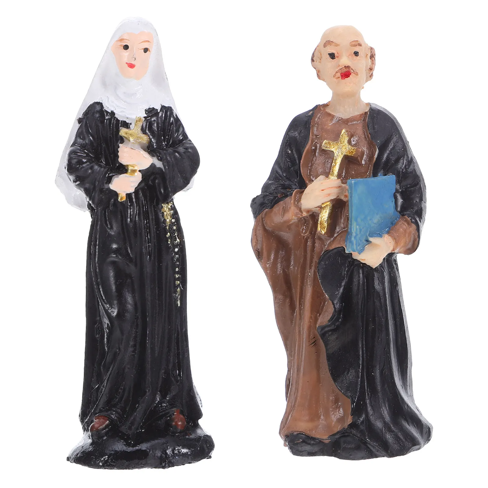 2Pcs Resin Priest Nun Statue Catholic Sculpture Praying Desk Decoration Religious Ornament Sand Tray Miniature Fairy Garden