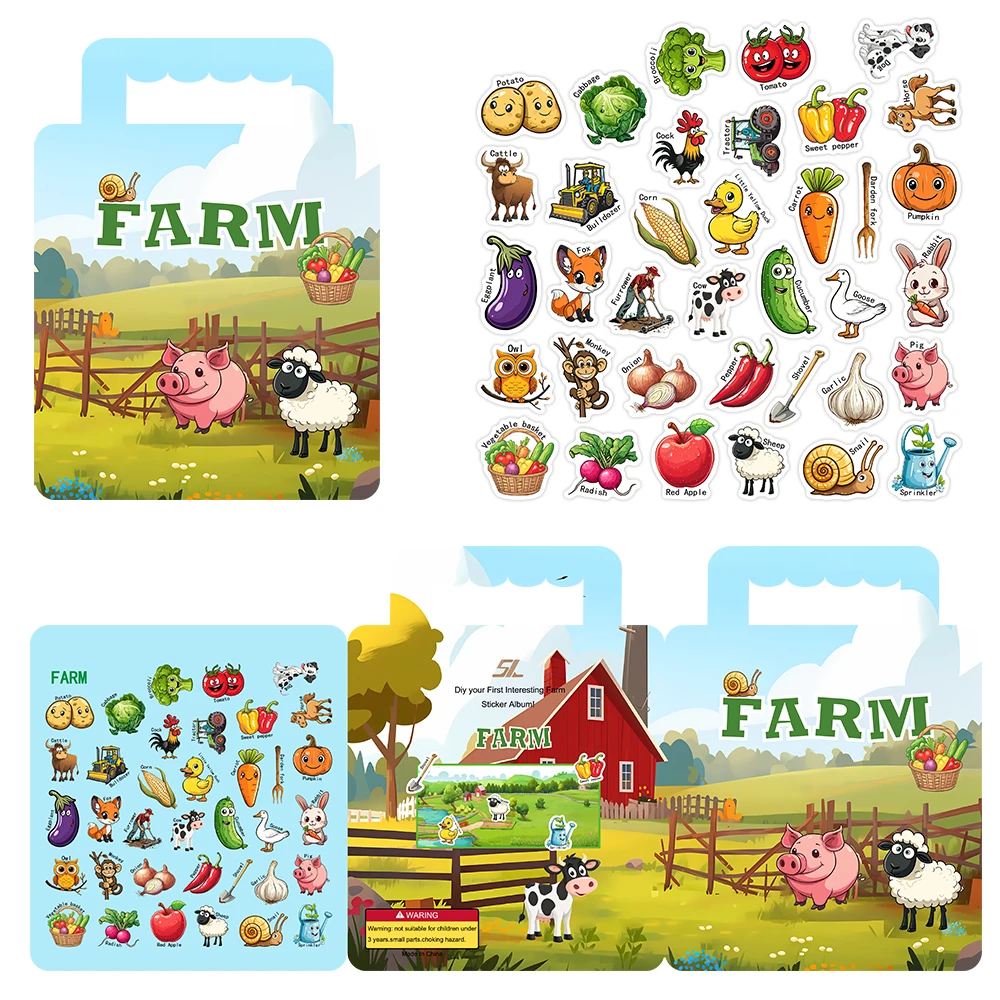 40PCS Kids Farm Sticker DIY Hand Puzzle Sticker Book Reusable Cartoon Animal Cognition Preschool Education Learning Toys