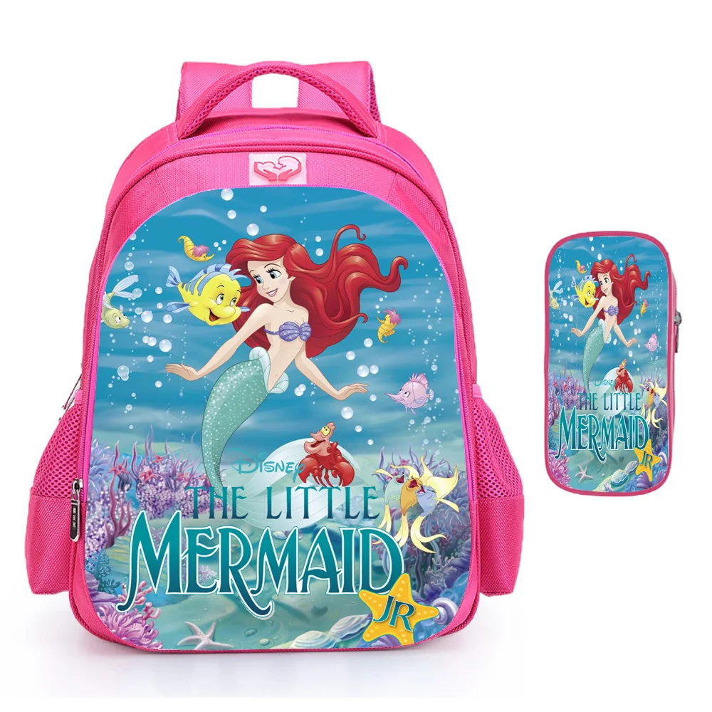 Bolsas escolares princesa a pequena sereia para meninas, lindas mochilas leves rosa, bolsa de ombro de grande capacidade com estojo