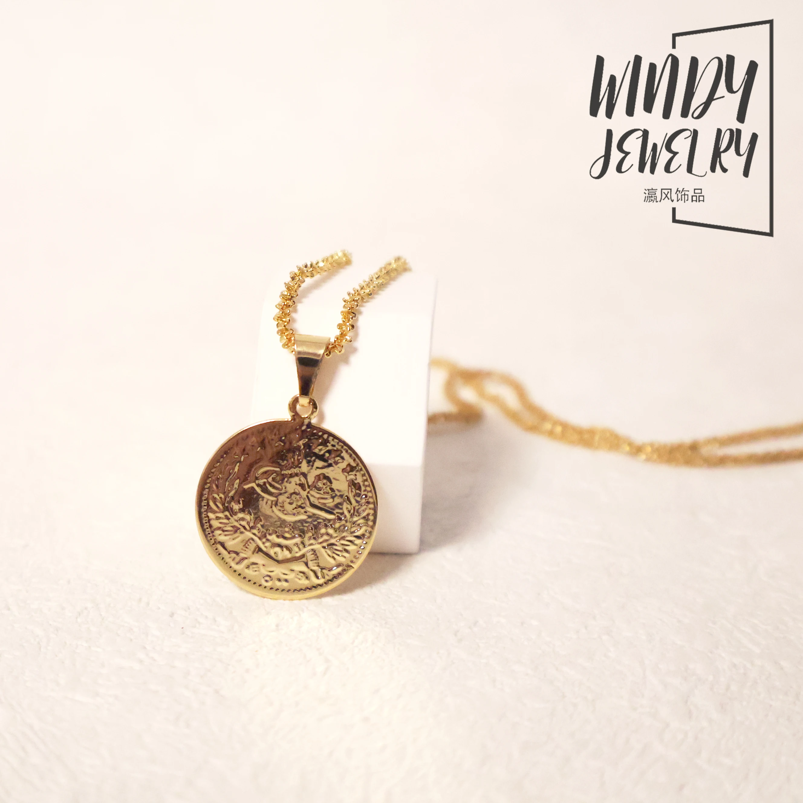 Windy Jewelry Turkish Gold Coin Pendant Middle East Round Necklace Pendants 18k Gold Plated Dubai Bridal Wedding Religious Gift