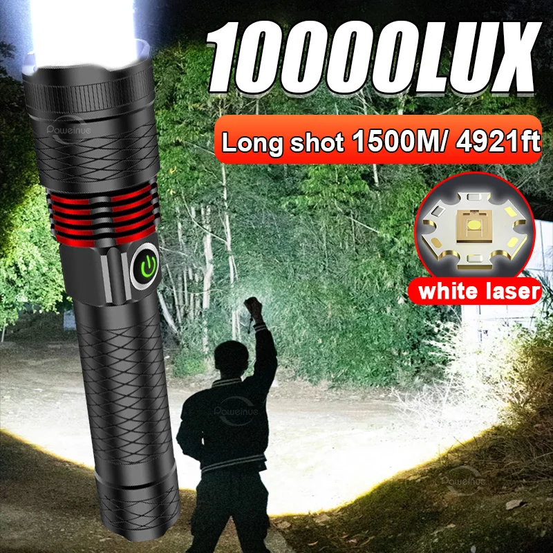 10000LUX Super Bright LED Flashlights White Laser 3000mAh Rechargeable Flashlight 1500M Powerful Lantern Camping Tactical Torch