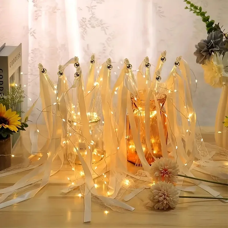 

20-200Pcs Light Up Wedding Sparklers Wedding Wands Ribbon Streamers LED Silk Fairy Wands with Bells for Birthday Concert Raves
