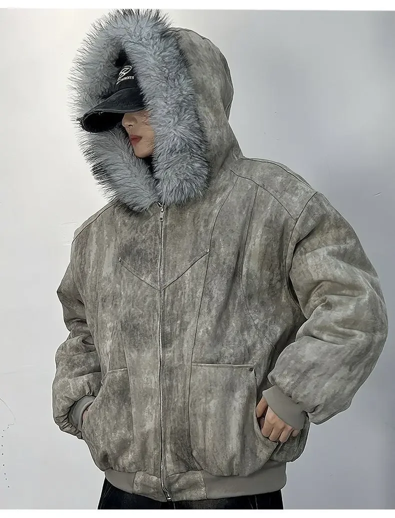 Outdoor Style Jacket Thickens Comfortable Parkas Winter Men's Cotton Jacket with Fur Collar Embroidery and Tie-dye Design Parkas