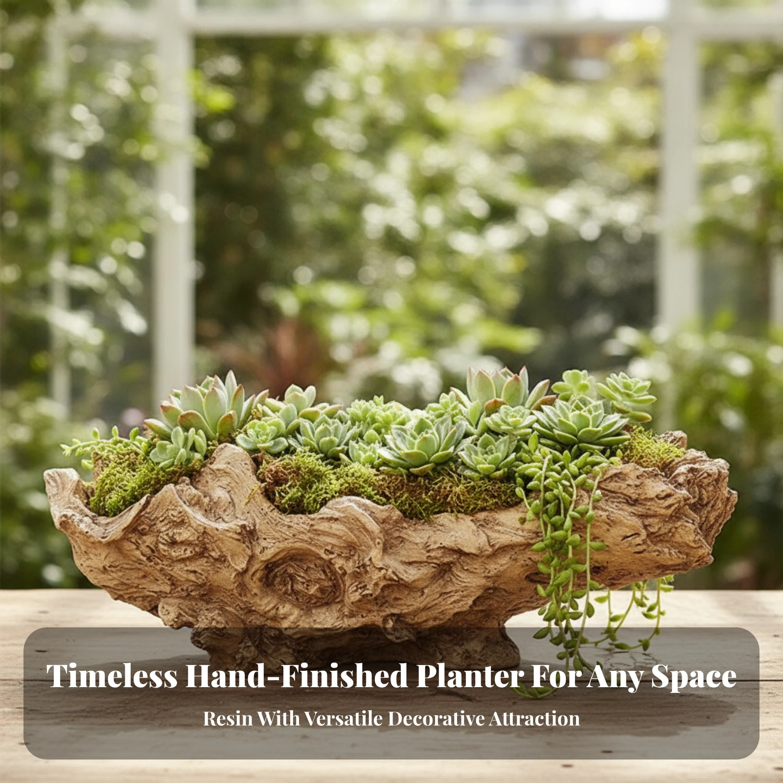 Planter with Faux Wood Bark Appearance Shallow Boat-Like Planter Pot Realistic Container Lifelike for Tabletop, Windowsill