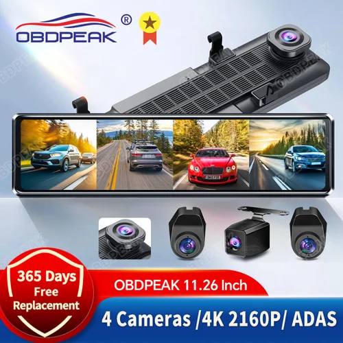 OBDPEAK A8 4CH 대시 캠, 4K 와이파이 백미러, 비디오 녹음기 자동차 DVR ADAS BSD 나이트 비전, 24 시간 주차, 11.26 인치, 4 카메라 