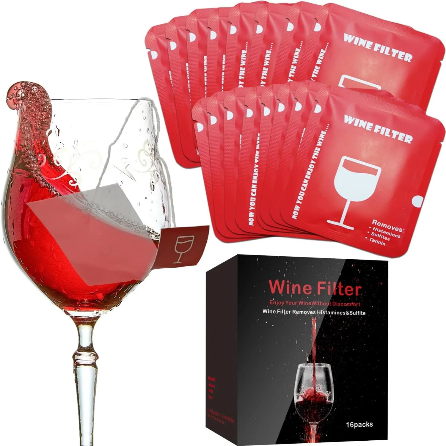 16-pack wine filter no longer drops or stick type wine purifier removes histamine and sulfate to relieve headaches and prevent w