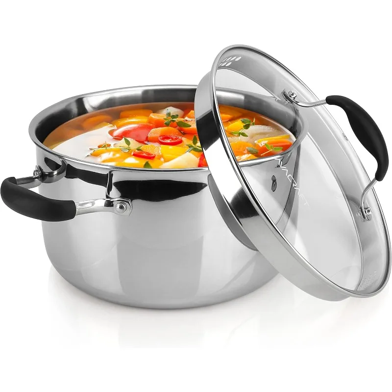 Tri-Ply Stainless Steel Stockpot with Glass Strainer Lid, Side Spouts, 6 Quart Pot, Multipurpose Stock Pot, Sauce Pot (