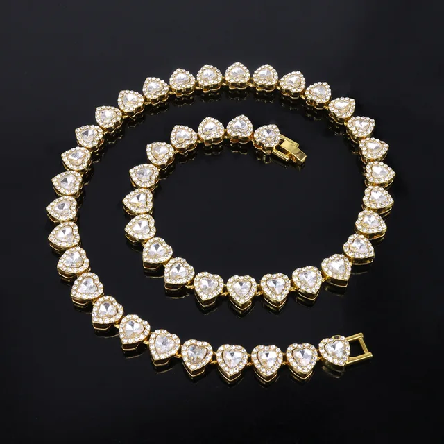 Yupsk 45CM/20CM Shiny Heart Rhinestone Hip Hop Rock Tennis Chain Bracelet Necklace for Women Men Trendy Jewelry Set Gift 4