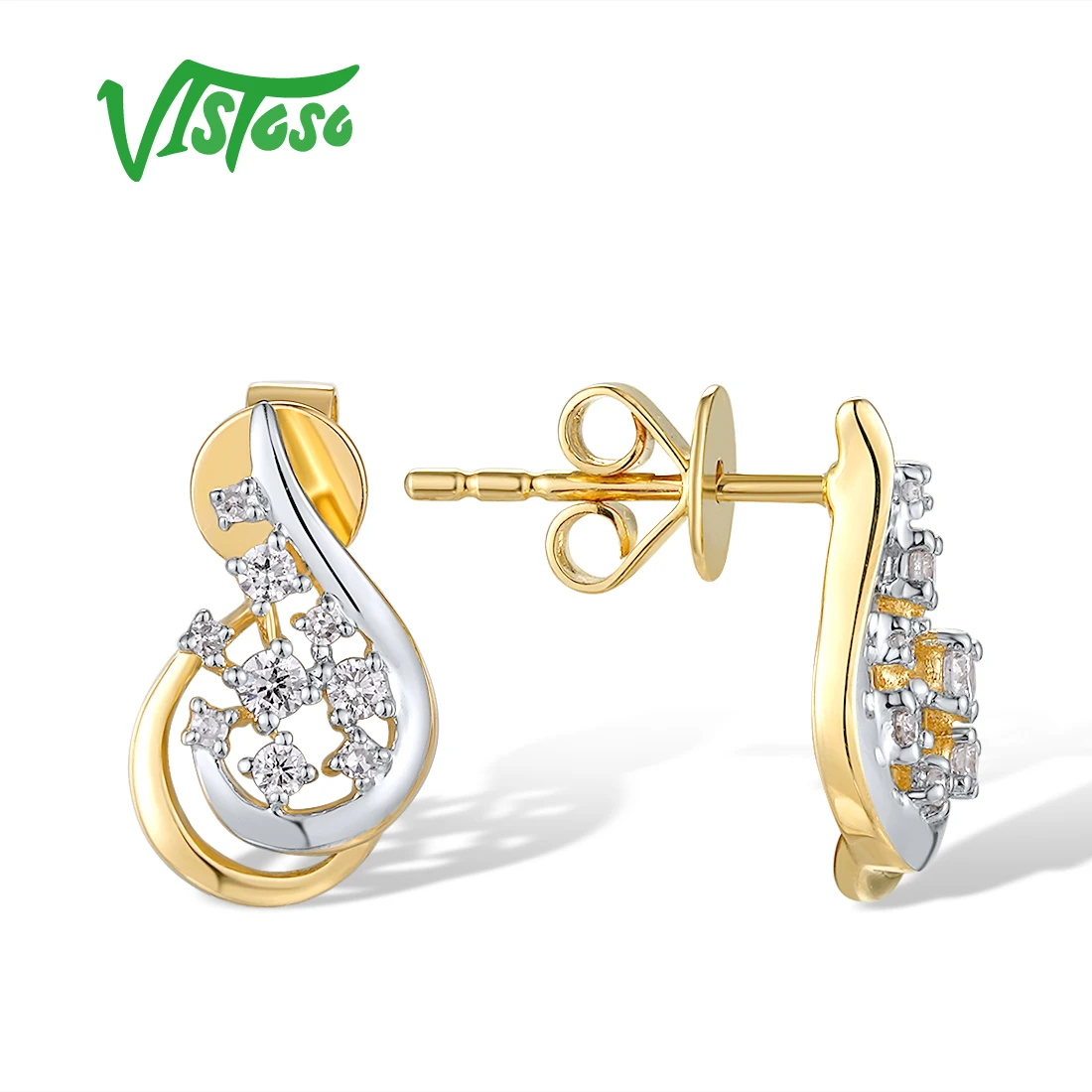 VISTOSO Real 14K 585 White Yellow Gold Stud Earrings For Women Sparkling Diamond Delicate Wedding Anniversary Gifts Fine Jewelry