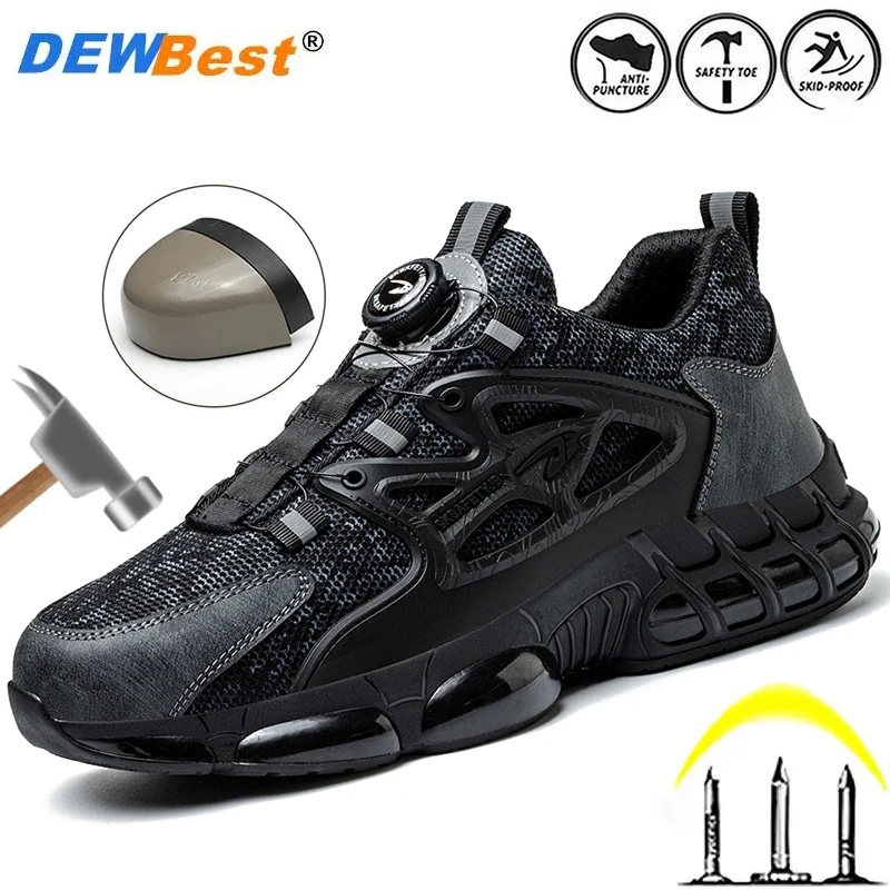 Men's breathable work shoes with anti smashing and anti piercing steel toe cap, rotating button, wear-resistant safety shoes