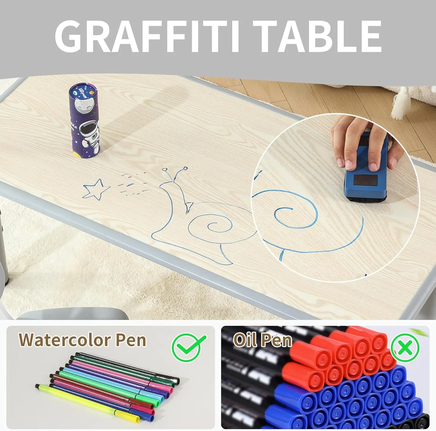 Conjunto de mesa infantil e 4 cadeiras, conjunto de mesa e cadeiras para crianças com altura ajustável com capas de borracha para pés, desktop graffiti para crianças