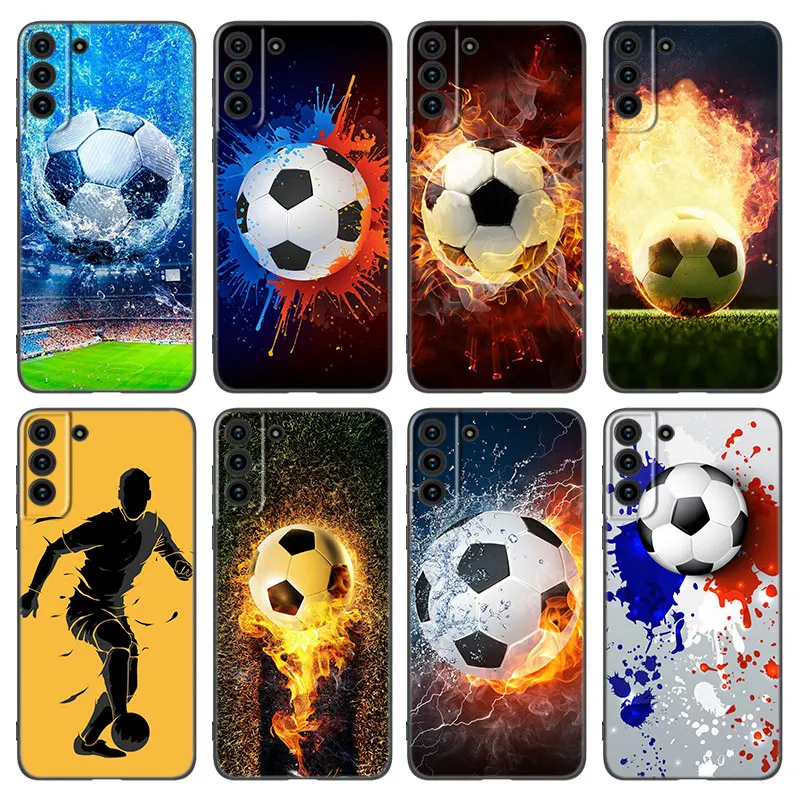 Fire Football Soccer Ball Phone Case For Samsung Galaxy S21 S20 FE S22 Ultra S10 Lite S9 S8 Plus S7 Edge S10E Soft Black Cover