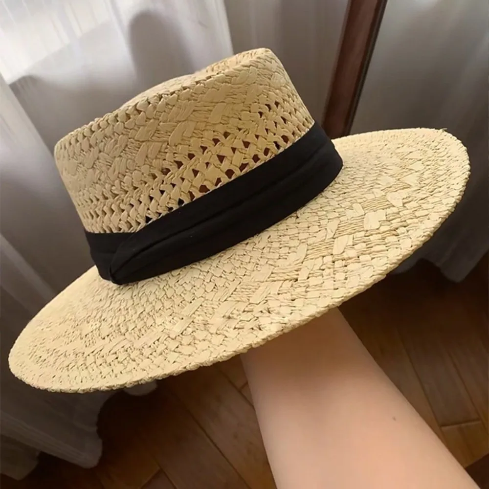 Vintage Wide Brim Hollow Straw Hat Cloth Buckle Sun Protection Western Cowboy Hat Panama Hat French Style Visor Cap Outdoor