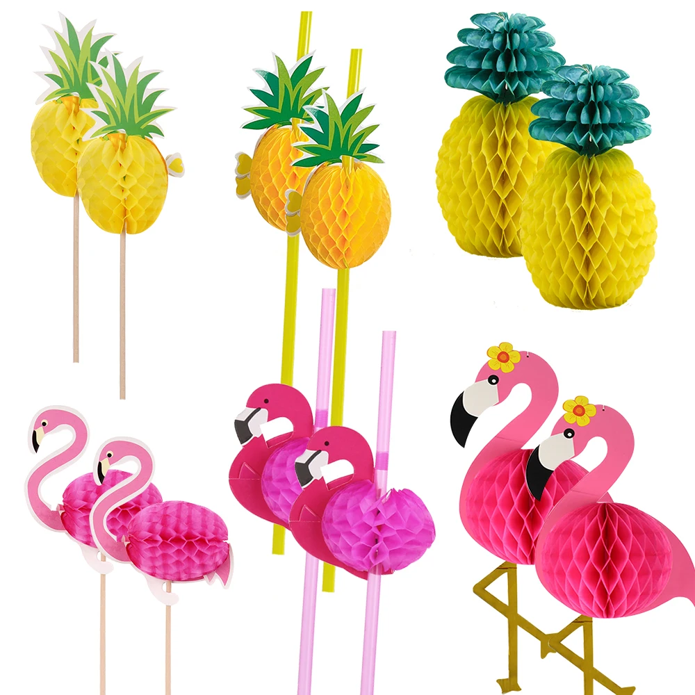 1Set Pineapple Flamingo Honeycomb Cake Toppers Paper Straws Kids Birhtday Party Decoration Summer Pool Party Hainging Ornaments