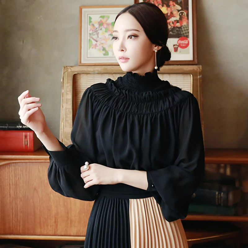 

2024 Women's Clothing Fashion Lantern Sleeve Pleated Top Spring Summer New 634