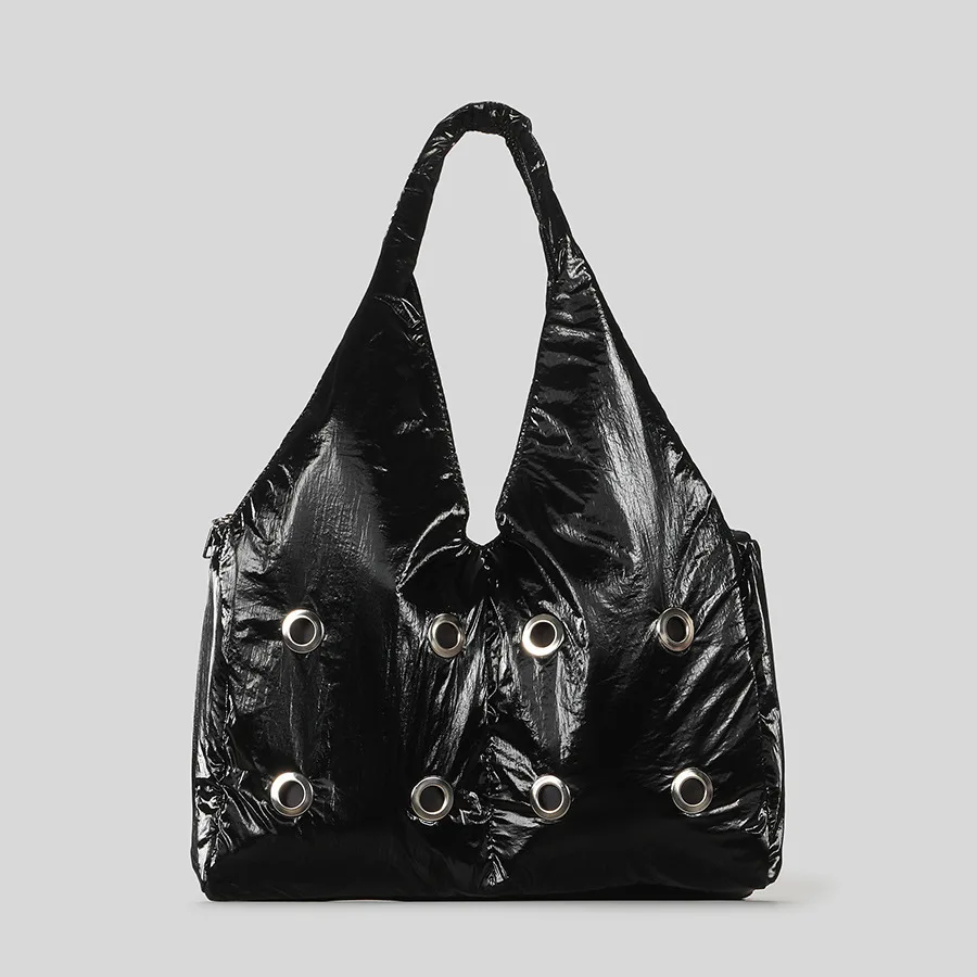 

New Hollow Rivet Padded Women Shoulder Bags Hobos Soft Nylon Puffer Bag Silver Large Capacity Handbags Casual Shopper Purses