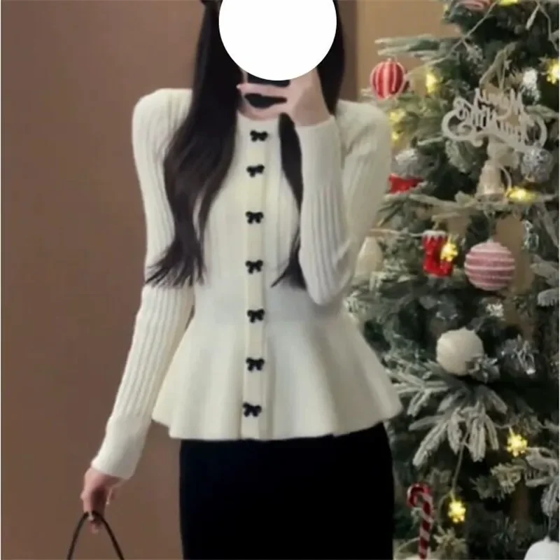 Holiday Red Black White Fashion Fairy Sweater Cute Butterfly Slim ruffles hem A Line Knit Pullover New Spring O Neck Top Jumper