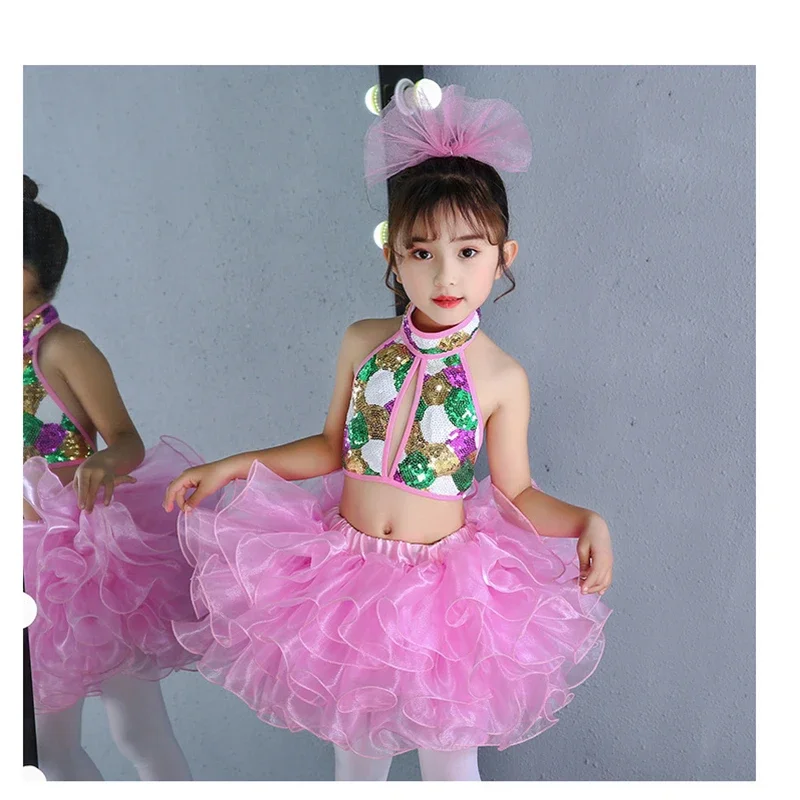 3PCS Girls Modern Jazz Ballet Latin Dance Costume Outfit Kid Sleeveless Shiny Sequins Crop Top with Tassel Skirted Set Dancewear