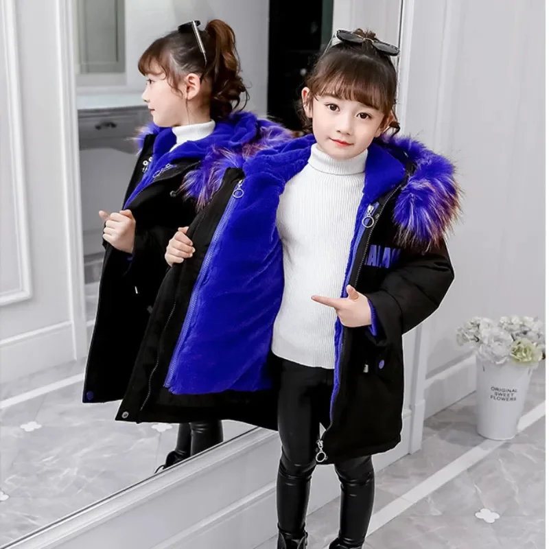 

Girls Clothes Fashion Detachable Parka Winter Thick Warm Top Children's Clothing Med-length Snowsuit with Large Fur Collar 4-14Y