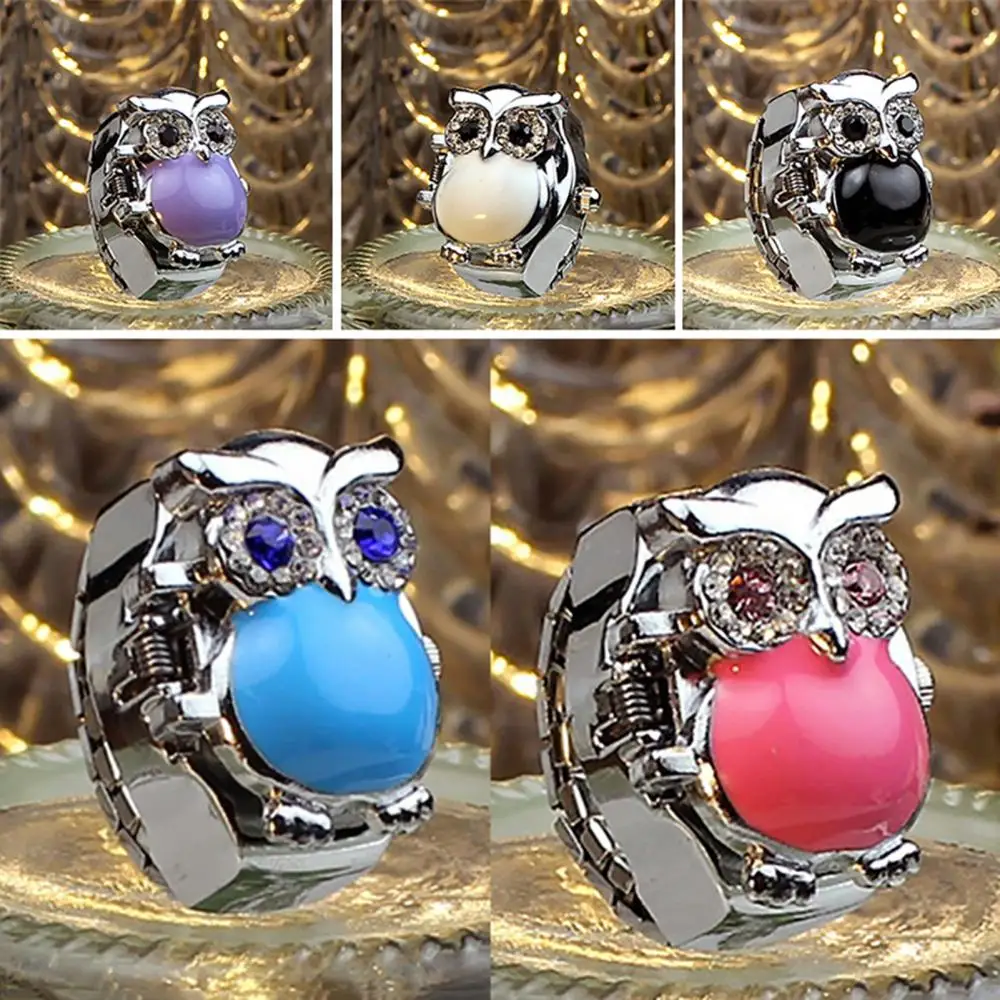 Women Quartz Watch Ring Girl Shiny Rhinestone Owl Case Stainless Steel Elastic Finger Ring Watch