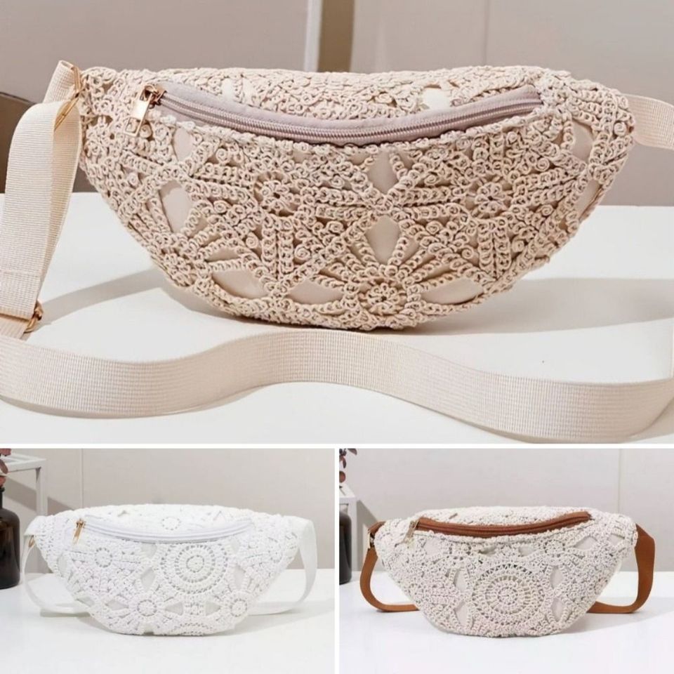 New Bohemian Style Beach Waist Bag PU Leather Large Capacity Hollow Chest Bag Zipper Solid Color Crossbody Bag Vacation Wear