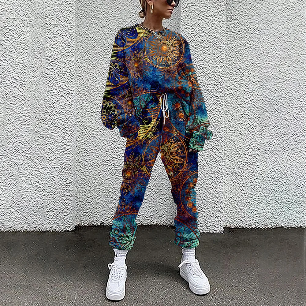 Women Two Piece Set Blue Print Pullover Tracksuits Streetwear Long Sleeve Sweatshirt Jogger Pants Suit