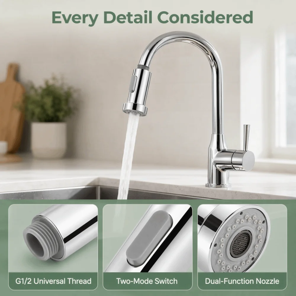 2 Function Modes Faucet Spray Head Anti-Splash Design Chrome Finish Pull Out Spray Head G 1/2 Inch Thread Male Thread Type
