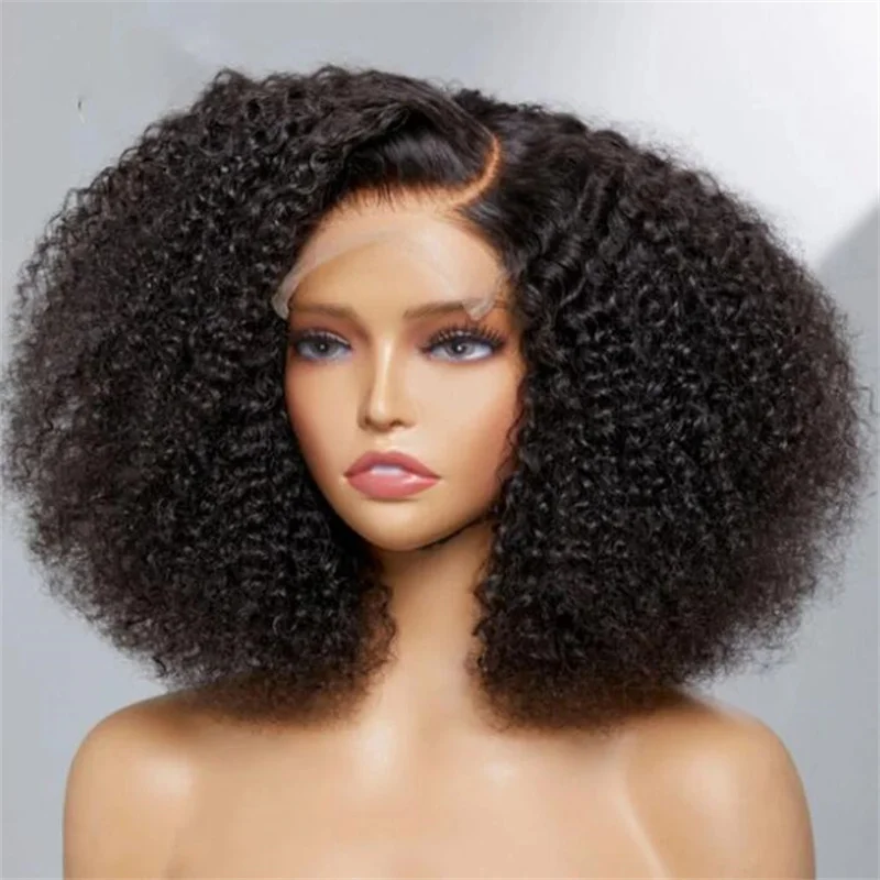 Short Bob PrePlucked 16 inch 180 Density Soft Glueless Kinky Curly Lace Front Wigs For Balck Women With Babyhair Daily Wear