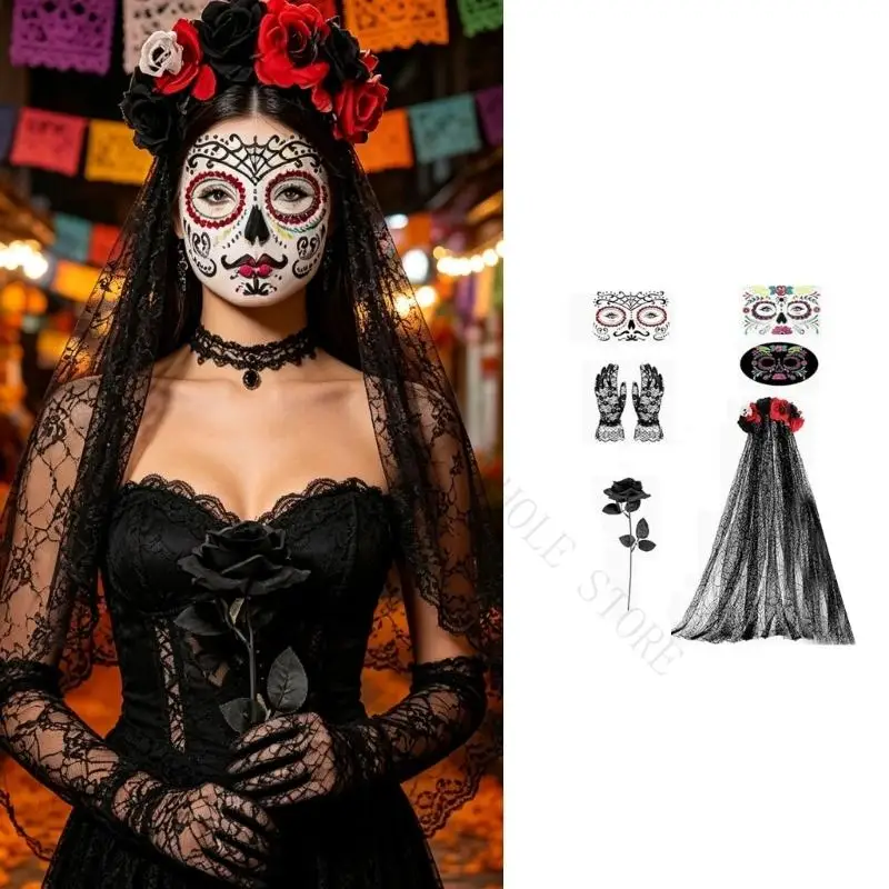 R7UF Black Mesh Headpiece and Lace Gloves Face Stickers Set Gothic Bride Costume Accessories for Halloween Party Photos and