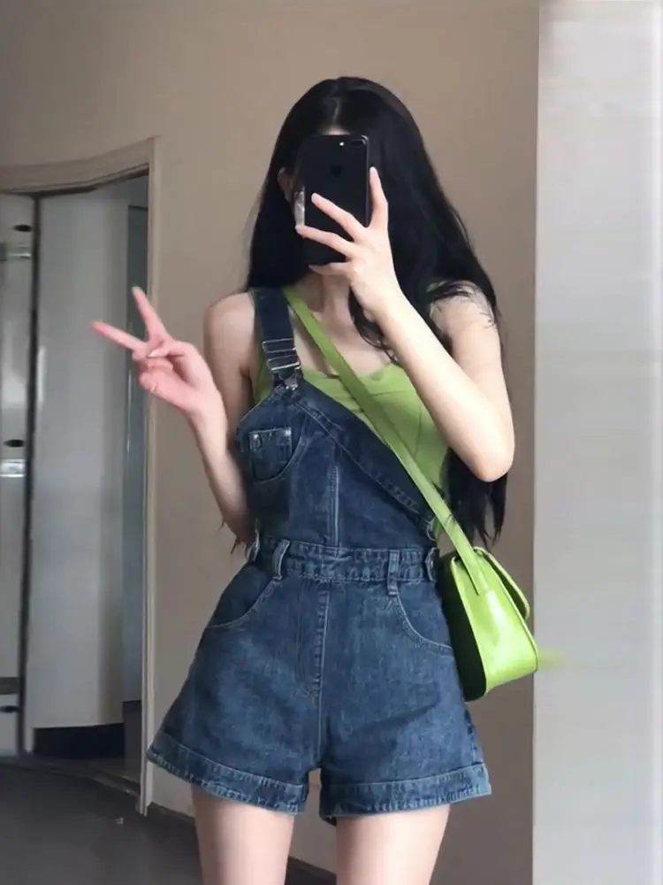 Celana pendek Jeans biru antik musim gugur untuk wanita Jumpsuit Denim overall anak perempuan baju monyet celana pinggang tinggi Y2k