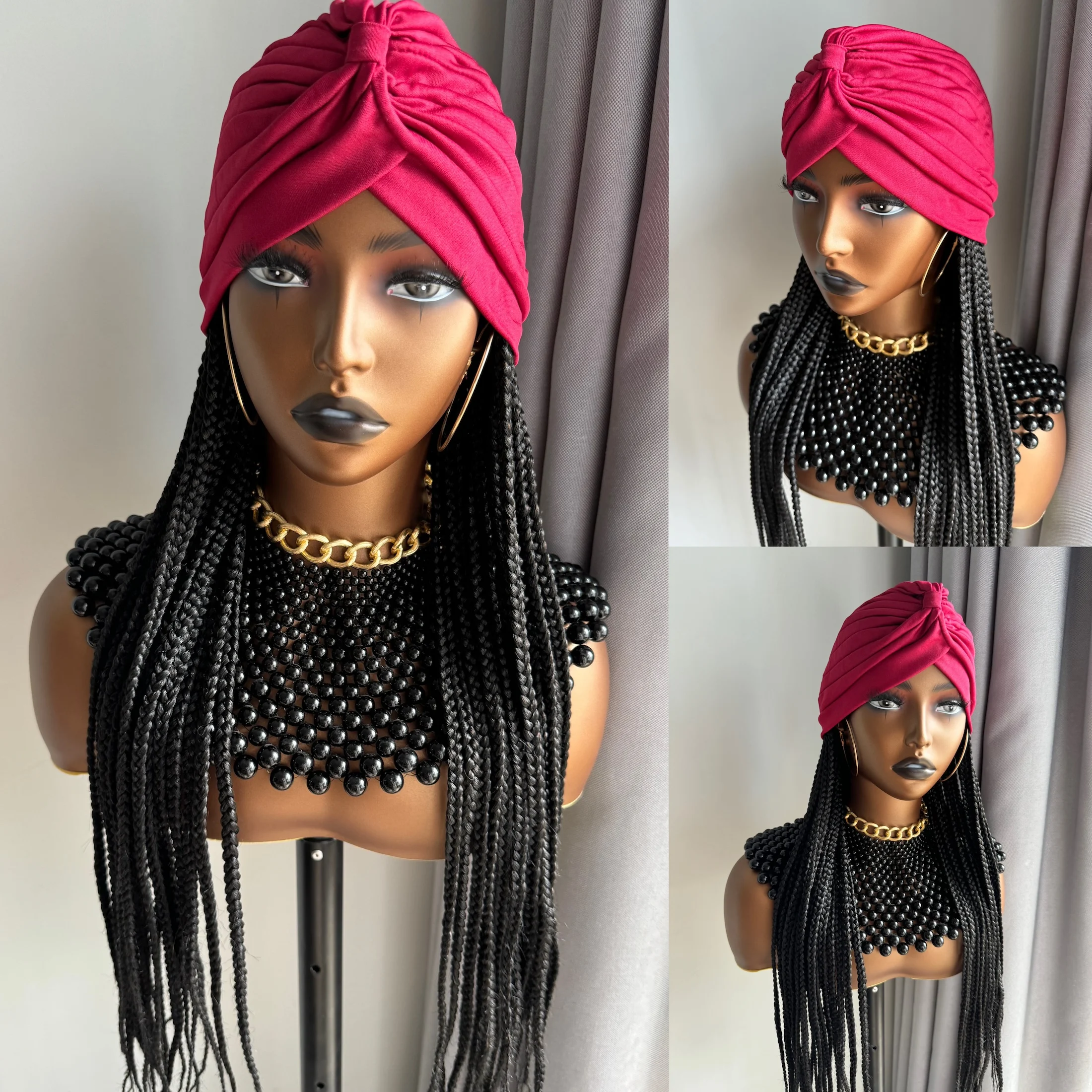 24Inch Long  Black Box Braided Synthetic Headband Wig With Red Braiding Hair Turban  Extensions Hairstyle Wigs For Women