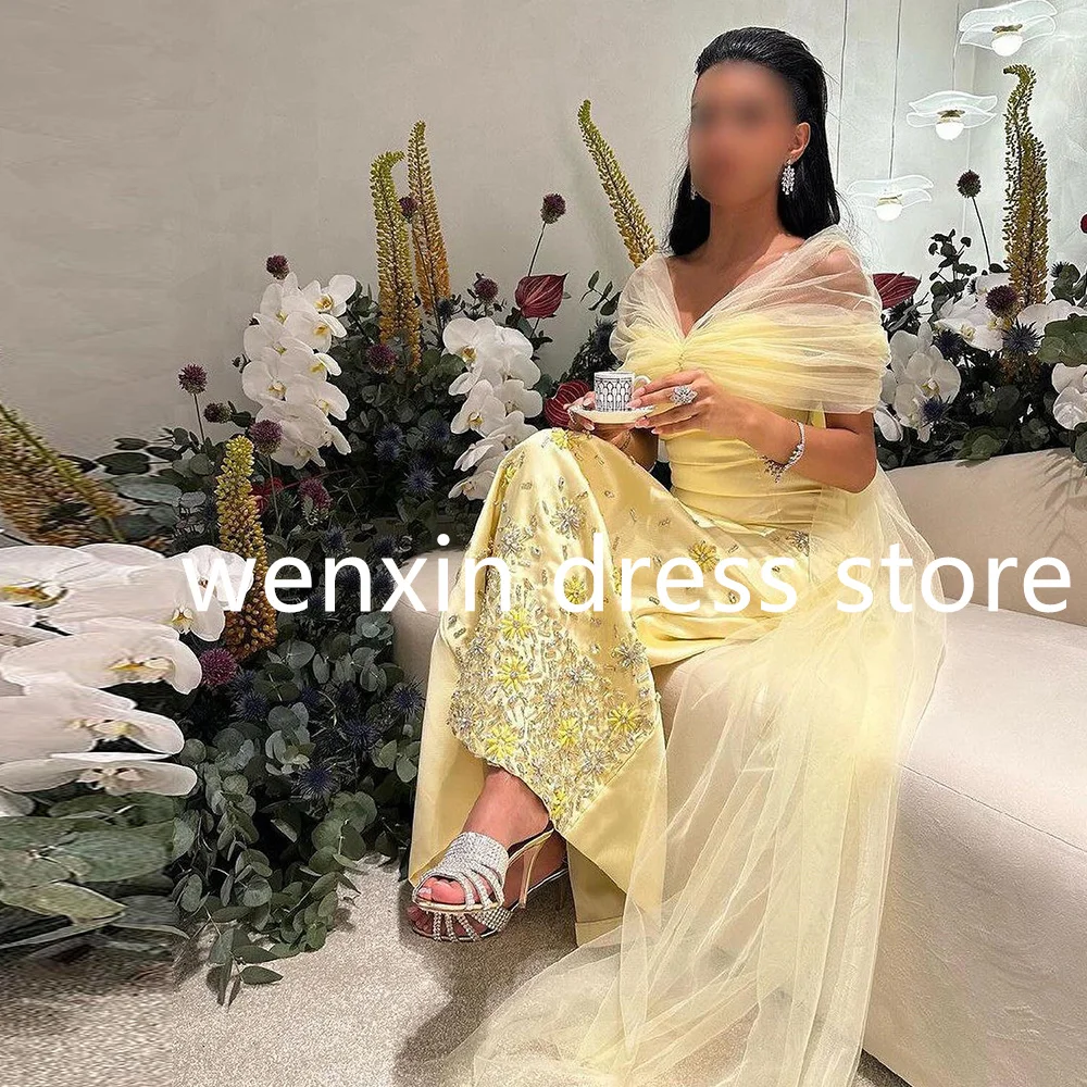 Exquisite Straight Yellow Tea Length V Neck Satin Sleeveless Evening Dress Elegant Pleats Crystal Flowers Saudi Arabia