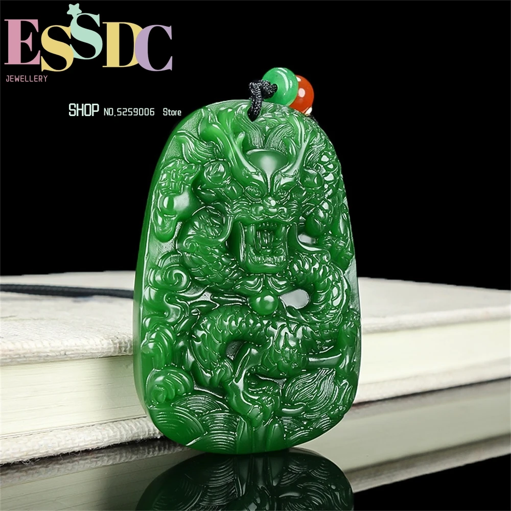 Natural Hotan Jade Dragon Soaring Across the World Spinach Green Necklace Pendant Fashion Retro Sweater Chain Accessories