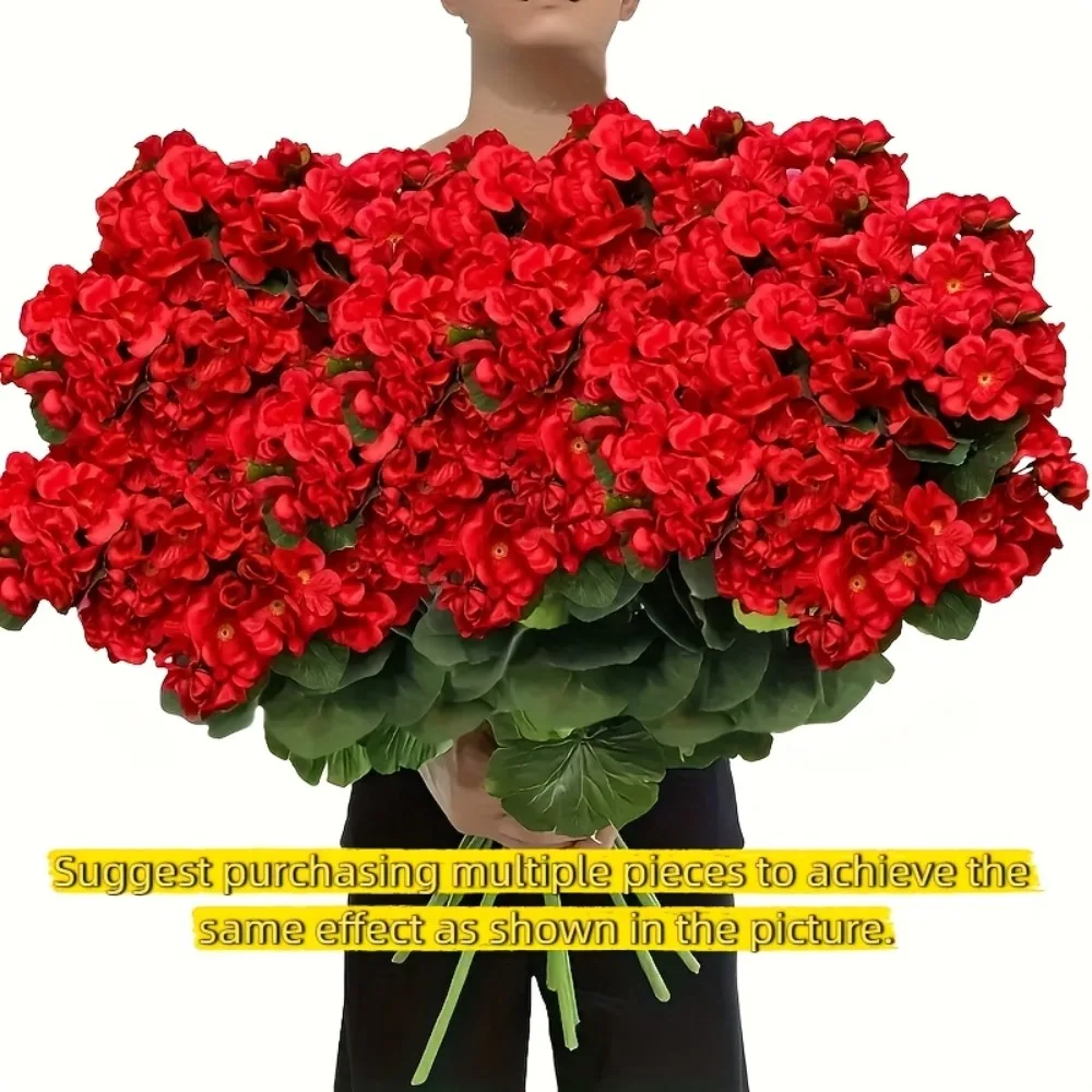 4 Geranios Artificiales Resistentes a los Rayos UV, Color Rojo Brillante, con Hojas Verdes, Aptos para Decoración Interior y Exterior
