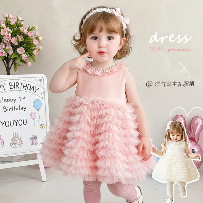 Girls' Dress2026New Summer Style Sweet Mesh Dress for Baby Girls, High-end Princess Fashionable Gown