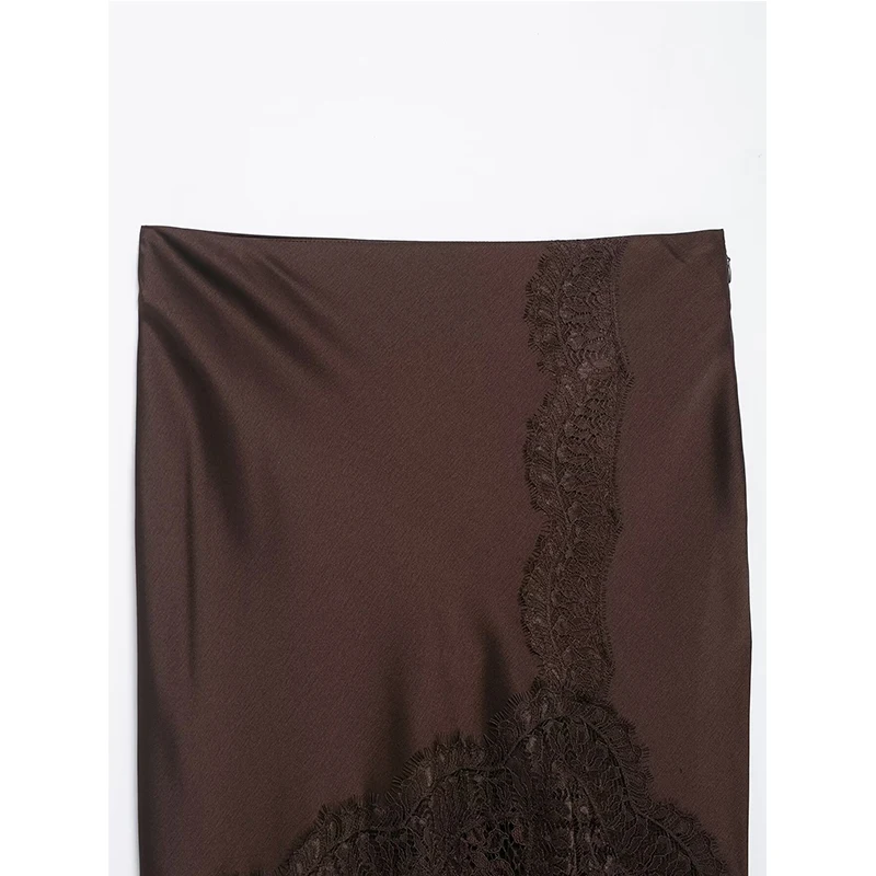 Femmes jupes portefeuille 2025 femmes automne mode couleur unie Satin dentelle épissure taille haute jupes longues femmes élégantes jupes de fête