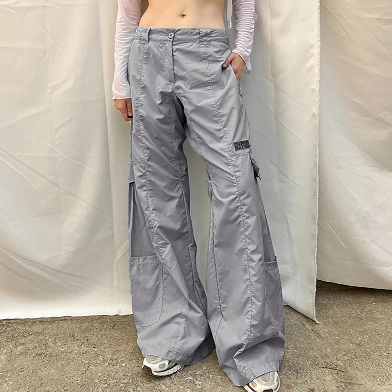 

Hiphop Womens Baggy Loose Oversized Ruched Cargo Pants Low Waist Button Zippered Wide Leg Trousers for Casual Streetwear