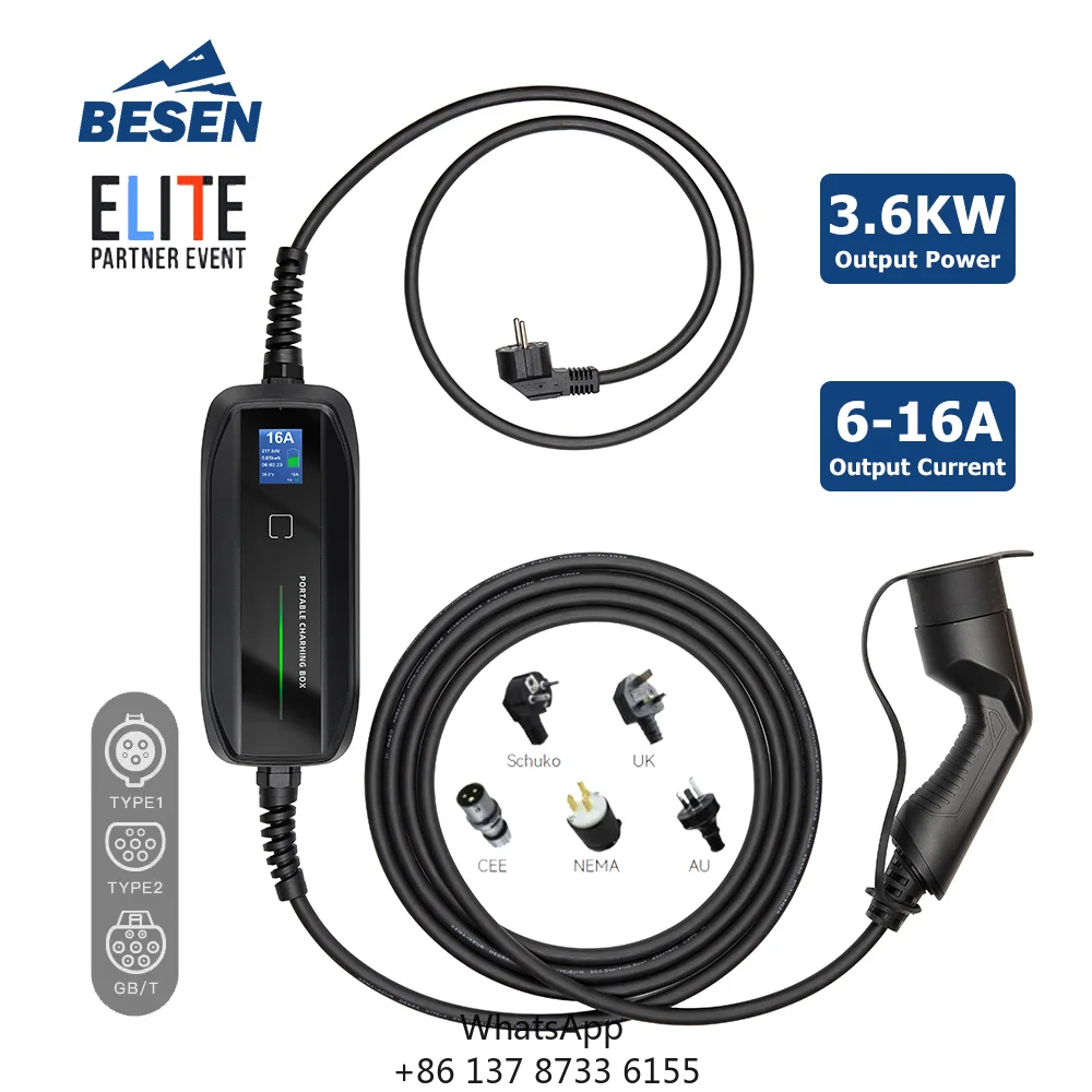 BESEN Level 2 Customized Portable Car Charger IEC 62196-2 Type 2 10A 16A Switchable All-Black Fast Electric Vehicle Ev Charger
