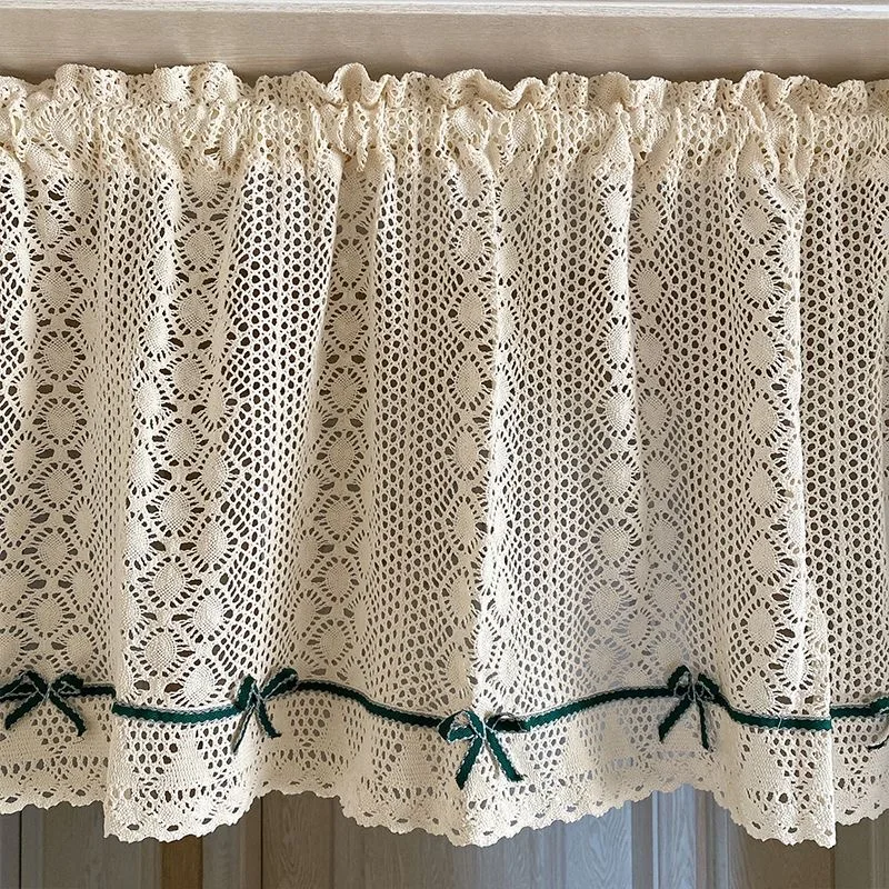 American Country Crochet Hollow Short Curtains for Roman Window Kitchen Manual Rhombus Lace Bowknot Half Curtains Valance #A476