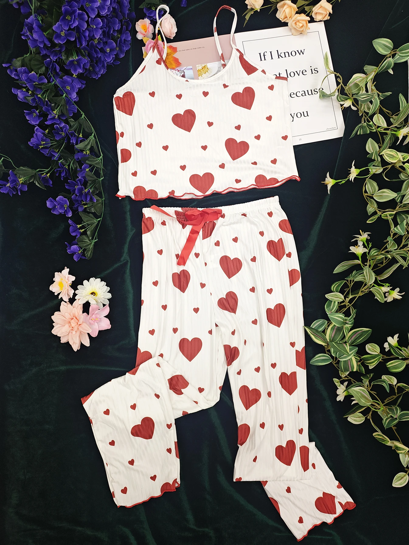2PCS Love Pattern Ribbed Milk Silk Pajamas Set Cute Camisole & Pants Anti-Peehole No Wedgie Home & Outwear