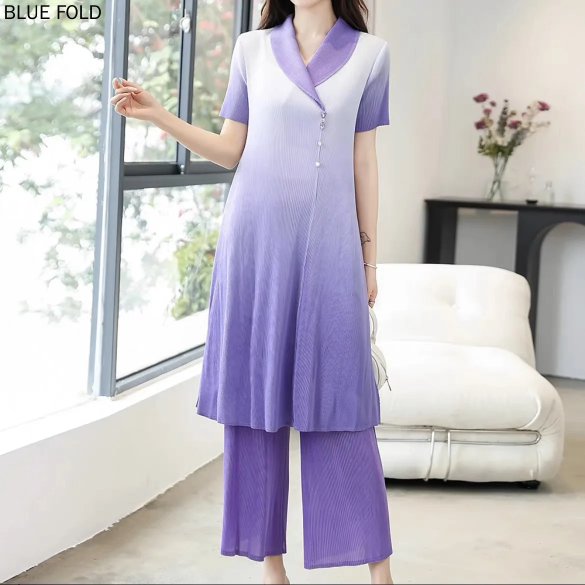 

Chinese Style Long T-shirt and Trousers Sets for Women, Lapel Gradient Color, Short-Sleeved, Casual Outfits, Loose, New, Summer