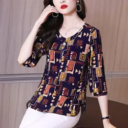 Vintage Elegant Graphic Print Chic Beaded Shirt for Women Casual Round Neck Three Quarter Sleeve Top Blouse Blusas De Mujer 2023