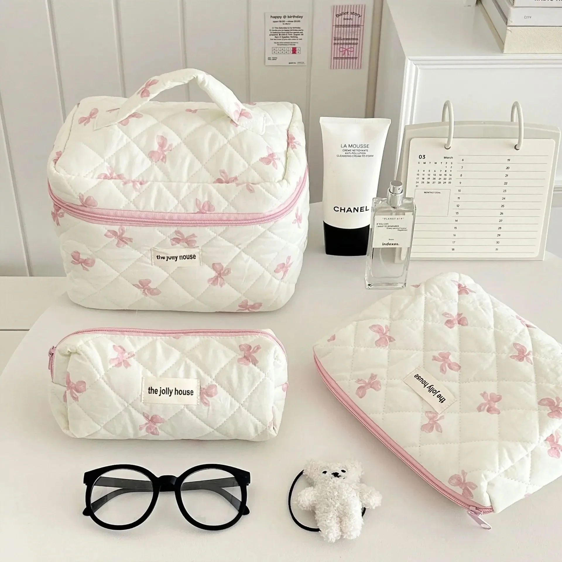 1/3pcs corea Bow Print borsa per il trucco delle donne custodia cosmetica portatile di grande capacità per articoli da toeletta da viaggio borsa per